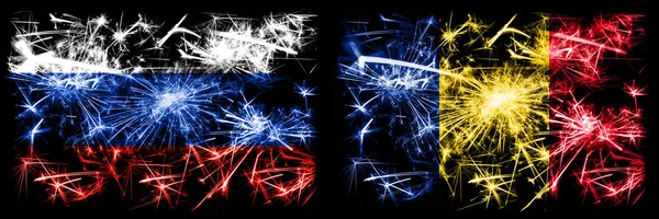 Russia, Russian vs Romania, Romanian New Year celebration sparkling fireworks flags concept background. Combination of two states flags — Stock Photo, Image