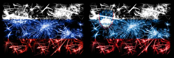 Rússia, Rússia vs Eslovénia, celebração do Ano Novo esloveno fogos de artifício espumantes bandeiras fundo conceito. Combinação de dois pavilhões dos Estados — Fotografia de Stock