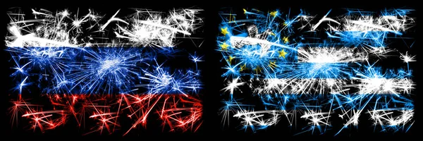 Rusland, Russisch vs Zuid-Kameroen Nieuwjaar viering sprankelend vuurwerk vlaggen concept achtergrond. Combinatie van twee vlaggen van staten — Stockfoto