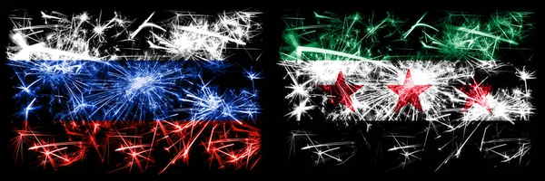 Russland, russisch vs syrien, syrisch arabische republik, drei sterne, beobachtete neujahr feier funkelnden feuerwerk flaggen konzept hintergrund. Kombination aus zwei Staatsflaggen — Stockfoto