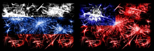 Rusia, Rusia vs Taiwán, celebración del Año Nuevo taiwanés brillante banderas de fuegos artificiales concepto de fondo. Combinación de dos banderas de estados — Foto de Stock