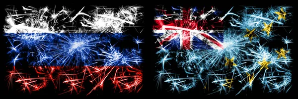 Rússia, russo vs Tuvalu, celebração do Ano Novo tuvaluano fogos de artifício espumantes bandeiras fundo conceito. Combinação de dois pavilhões dos Estados — Fotografia de Stock