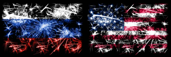 Росія, Росія проти Сполучених Штатів Америки, американець, Уса новорічний ювілей, що блищить феєрверки, відзначає концептуальне тло. Комбінація прапорів двох держав. — стокове фото