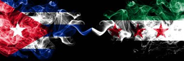 Küba, Küba, Suriye, Suriye Arap Cumhuriyeti, yan yana yerleştirilmiş muhalif mistik bayraklar. Kalın renkli ipeksi seyahat, soyut sigara sancakları..
