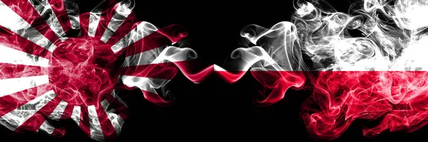 Japón sol naciente naval vs Polonia, banderas místicas ahumadas polacas colocadas una al lado de la otra. Grueso color sedoso viaje abstracto fuma pancartas — Foto de Stock