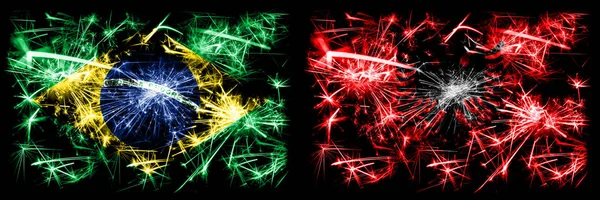 Brazílie, Brazílie vs Albánie, Albánský Nový rok oslavy šumivé ohňostroje vlajky koncept pozadí. Kombinace vlajek dvou států — Stock fotografie