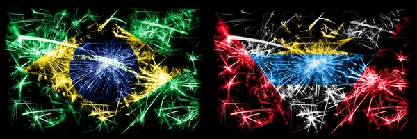 Brazílie, Brazílie vs Antigua a Barbuda Nový rok oslavy jiskřivé ohňostroje vlajky koncept pozadí. Kombinace vlajek dvou států — Stock fotografie