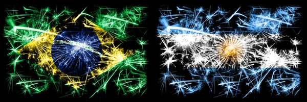 Brazil, Brazilian vs Argentina, Argentinian New Year celebration sparkling fireworks flags concept background. Combination of two states flags — Stock Photo, Image