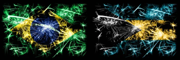 Brazil, Brazilian vs Bahamas, Bahamian New Year celebration sparkling fireworks flags concept background. Combination of two states flags — Stock Photo, Image