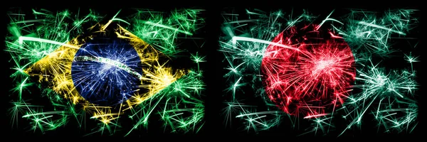 Brazil, Brazilian vs Bangladesh, Bangladeshi New Year celebration sparkling fireworks flags concept background. Combination of two states flags — Stock Photo, Image