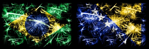 Brasilien, Brasilien vs Bosnien und Herzegowina, bosnische Neujahrsfeier funkelnden Feuerwerk Flaggen Konzept Hintergrund. Kombination aus zwei Staatsflaggen — Stockfoto