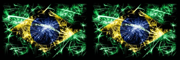 Brazil, Brazilian vs Brazil, Brazilian New Year celebration sparkling fireworks flags concept background. Combination of two states flags — Stock Photo, Image