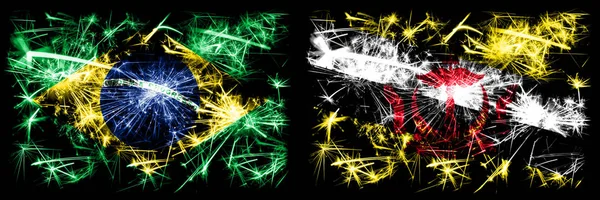 Brasil, Brasileño vs Brunéi, Brunéi celebración de Año Nuevo brillante banderas de fuegos artificiales concepto de fondo. Combinación de dos banderas de estados — Foto de Stock