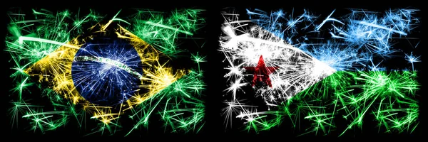 Brazil, Brazilian vs Djibouti New Year celebration sparkling fireworks flags concept background. Combination of two states flags — Stock Photo, Image