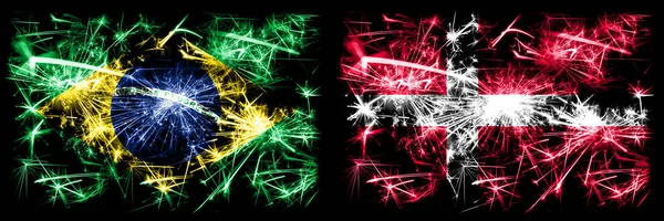 Brazil, Brazilian vs Denmark, Danish New Year celebration sparkling fireworks flags concept background. Combination of two states flags — Stock Photo, Image