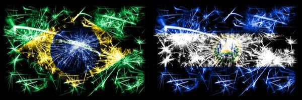 Brasil, Brasil vs El Salvador, celebração do Ano Novo Salvadorenho fogos de artifício cintilantes fundo conceito bandeiras. Combinação de dois pavilhões dos Estados — Fotografia de Stock