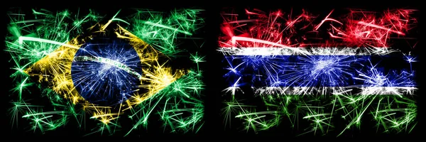 Brasil, Brasil vs Gambia, celebración del Año Nuevo de Gambia con brillantes banderas de fuegos artificiales fondo concepto. Combinación de dos banderas de estados —  Fotos de Stock