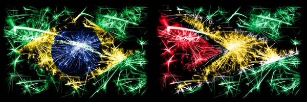 Brazil, Brazilian vs Guyana, Guyanese New Year celebration sparkling fireworks flags concept background. Combination of two states flags — Stock Photo, Image