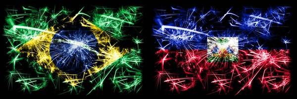 Brazil, Brazilian vs Haiti, Haitian New Year celebration sparkling fireworks flags concept background. Combination of two states flags — Stock Photo, Image