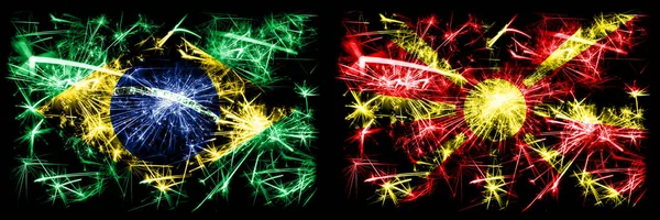 Brazílie, Brazílie vs Makedonie, Makedonský Nový rok oslavy jiskřící zábavní pyrotechnika vlajky koncept pozadí. Kombinace vlajek dvou států — Stock fotografie