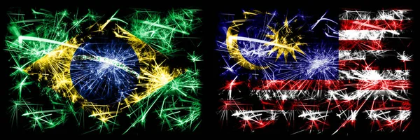 Brasil, Brasil vs Malasia, celebración del Año Nuevo de Malasia brillante banderas de fuegos artificiales concepto de fondo. Combinación de dos banderas de estados —  Fotos de Stock