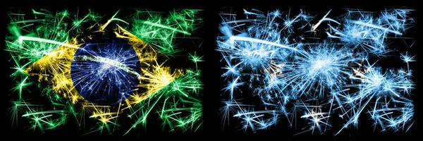 Brazil, Brazilian vs Micronesia, Micronesian New Year celebration sparkling fireworks flags concept background. Combination of two states flags — Stock Photo, Image