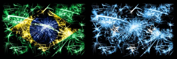 Brazylia, Brazylijczyk vs Mikronezja, Mikronezyjski Nowy Rok świętować musujące fajerwerki flagi tle koncepcji. Połączenie dwóch bander państw — Zdjęcie stockowe