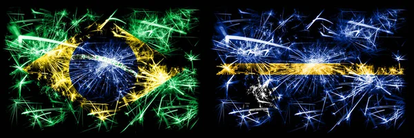 Brazil, Brazilian vs Nauru New Year celebration sparkling fireworks flags concept background. Combination of two states flags — Stock Photo, Image