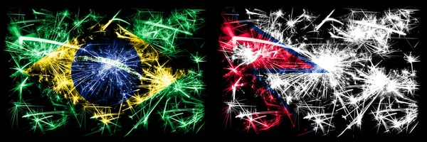 Brazil, Brazilian vs Nepal, Nepalese New Year celebration sparkling fireworks flags concept background. Combination of two states flags — Stock Photo, Image