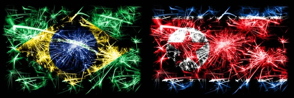 Brazil, Brazilian vs North Korea, Korean New Year celebration sparkling fireworks flags concept background. Combination of two states flags — Stock Photo, Image