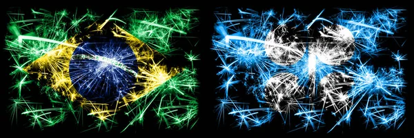 Brazílie, Brazílie vs Opec Silvestr oslavy jiskřivé ohňostroje vlajky koncept pozadí. Kombinace vlajek dvou států — Stock fotografie