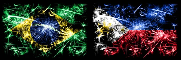 Brasil, Brasil vs Filipinas, celebração do Ano Novo Filipino fogos de artifício cintilantes bandeiras fundo conceito. Combinação de dois pavilhões dos Estados — Fotografia de Stock