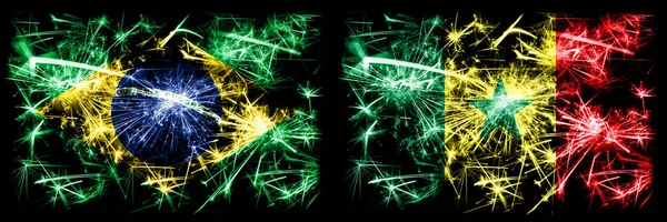 Brazília, brazil vs szenegál, szenegáli újévi ünnepség szikrázó tűzijáték zászlók koncepció háttér. Két állam lobogójának kombinációja — Stock Fotó