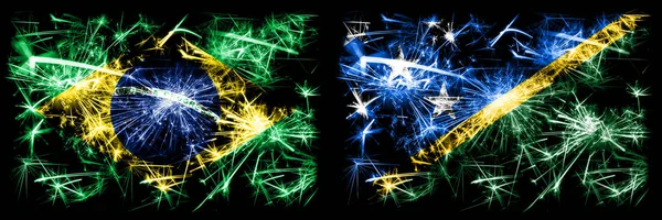 Brazil, Brazilian vs Solomon Islands New Year celebration sparkling fireworks flags concept background. Combination of two states flags