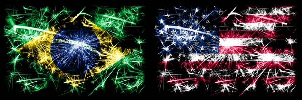 Brazil, Brazilian vs United States of America, American, USA New Year celebration sparkling fireworks flags concept background. Combination of two states flags