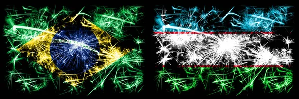 Brazílie, Brazílie vs Uzbekistán, Uzbecký Nový rok oslavy jiskřící ohňostroj vlajky koncept pozadí. Kombinace vlajek dvou států — Stock fotografie