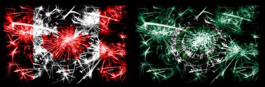 Kanada, Arap Birliği 'ne karşı Kanada Yeni Yıl kutlamaları, parlak havai fişek bayrakları konsepti. İki soyut durum bayraklarının birleşimi