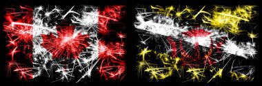 Kanada, Kanada Brunei 'ye karşı Bruneian Yeni Yıl kutlamaları, parlak havai fişek bayrakları konsepti. İki soyut durum bayraklarının birleşimi