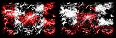 Kanada, Kanada, Cebelitarık 'a karşı yeni yıl kutlamaları, parlak havai fişek bayrakları konsepti. İki soyut durum bayraklarının birleşimi
