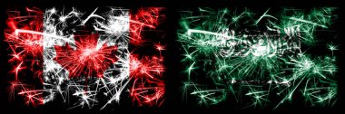 Kanada, Suudi Arabistan 'a karşı, Arap Yeni Yılı kutlamaları, parlak havai fişek bayrakları konsepti. İki soyut durum bayraklarının birleşimi