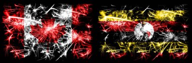 Kanada, Kanada, Uganda 'ya karşı, Ugandalı yeni yıl kutlamaları, parlak havai fişek bayrakları konsepti. İki soyut durum bayraklarının birleşimi