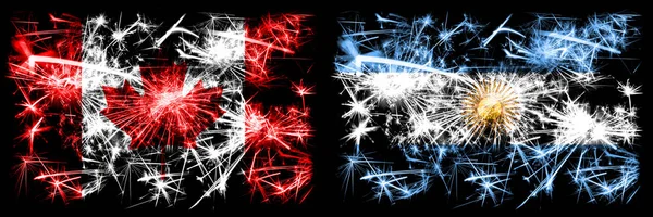 Kanada, Kanada vs Argentinien, argentinische Neujahrsfeier funkelnden Feuerwerk Flaggen Konzept Hintergrund. Kombination aus zwei abstrakten Staaten Flaggen — Stockfoto