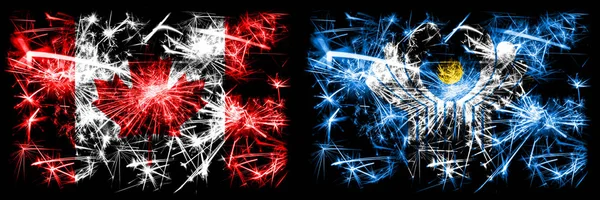 Canada, Canadian vs Commonwealth New Year celebration sparkling fireworks flags concept background. Combination of two abstract states flags — Stock Photo, Image