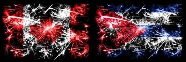 Kanada, Kanada vs Kuba, kubanische Neujahrsfeier funkelnden Feuerwerk Flaggen Konzept Hintergrund. Kombination aus zwei abstrakten Staaten Flaggen — Stockfoto