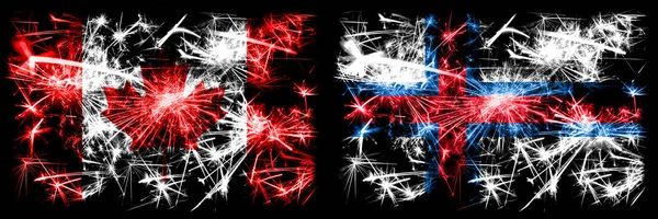 Canadá, Canadá vs Ilhas Faroé celebração Ano Novo fogos de artifício cintilantes bandeiras fundo conceito. Combinação de duas bandeiras de estados abstratos — Fotografia de Stock