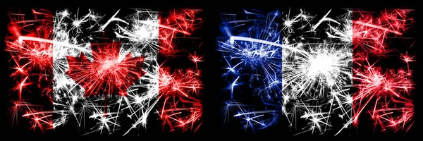 Canada, Canadian vs France, French New Year celebration sparkling fireworks flags concept background. Combination of two abstract states flags