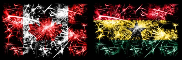 Kanada, Kanada vs ghana, ghanaische Neujahrsfeier funkelnden Feuerwerk Flaggen Konzept Hintergrund. Kombination aus zwei abstrakten Staaten Flaggen — Stockfoto