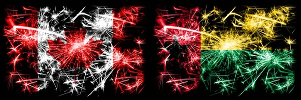 Canada, Canadian vs Guinea Bissau New Year celebration sparkling fireworks flags concept background. Combination of two abstract states flags