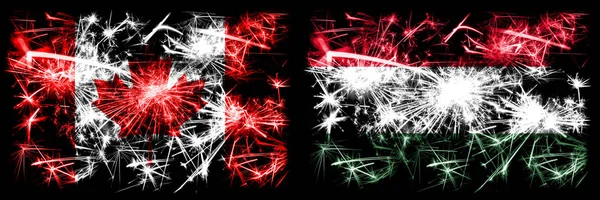 Kanada, Kanada vs Ungarn, ungarische Neujahrsfeier funkelnden Feuerwerk Flaggen Konzept Hintergrund. Kombination aus zwei abstrakten Staaten Flaggen — Stockfoto