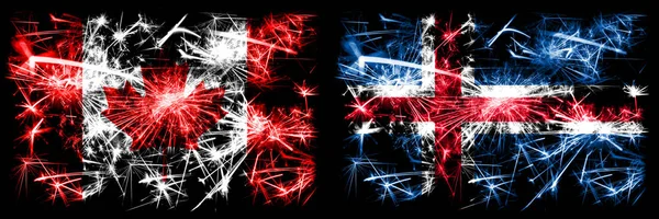 Canada, Canada vs Islanda, celebrazione islandese del nuovo anno scintillanti fuochi d'artificio bandiere concetto di sfondo. Combinazione di due bandiere di stati astratti — Foto Stock